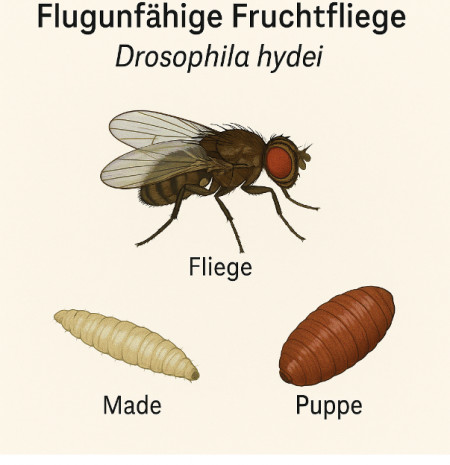 Flugunfähige Fruchtfliege Drosophila Hydei 500 ml Becher Maden